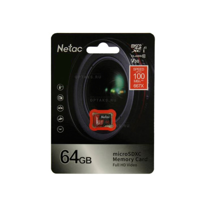 Карта памяти microSDXC 64Gb Netac, Extreme Pro, P500, Class10 UHS-I A1 V30, 100MB/s, без адаптера